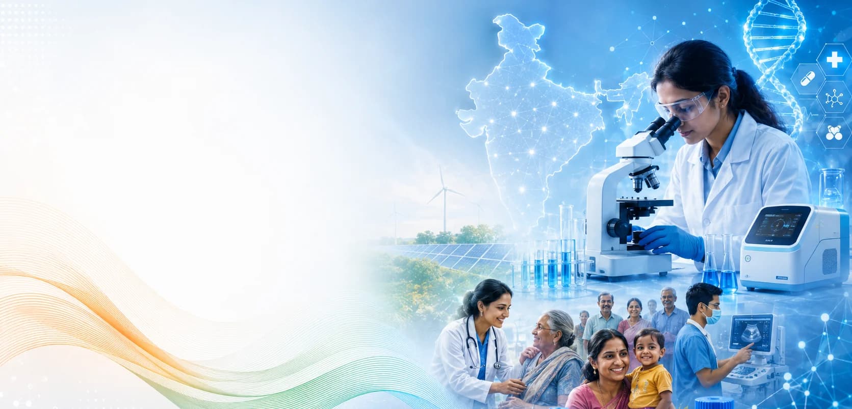 Collage of Indian healthcare and research: a scientist at a microscope, doctors with patients and families, lab instruments, renewable energy and a networked map of India.